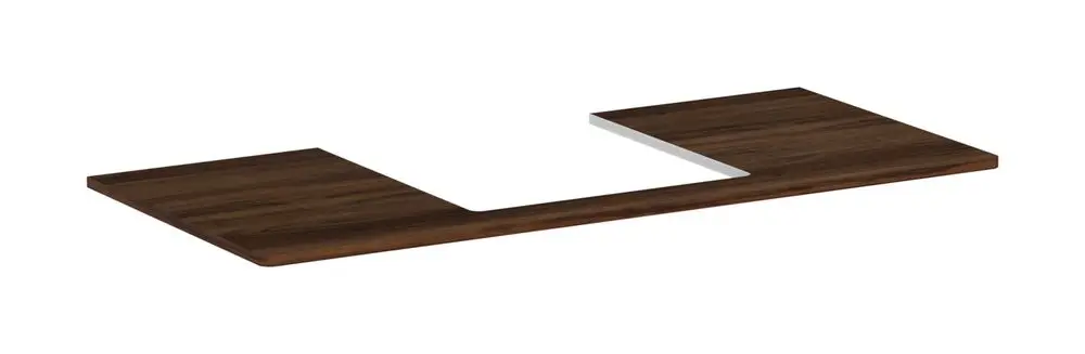 Holzplatte mit Ausschnitt in der Mitte, geeignet für Waschtische, dunkle Nussbaum-Oberfläche. Produkt von Hansgrohe.
